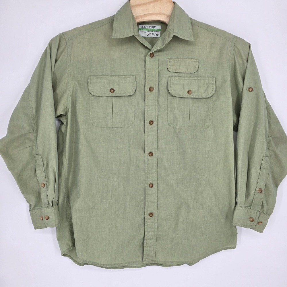 Orvis Buzz Off Shirt Men Medium Green Long Sleeve Insect Sheild Outdoors Hiking